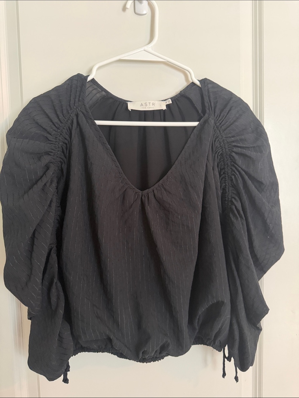 Astr Black Pinstripe V-Neck Puff Sleeve Top